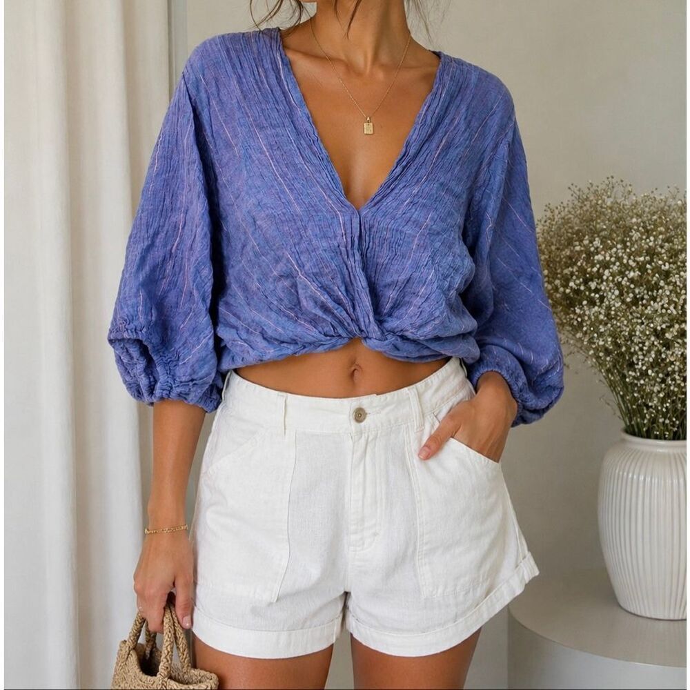 OAT New York 100% Linen Wrap Tie Front Crop Top Blue Size L Boho Coastal